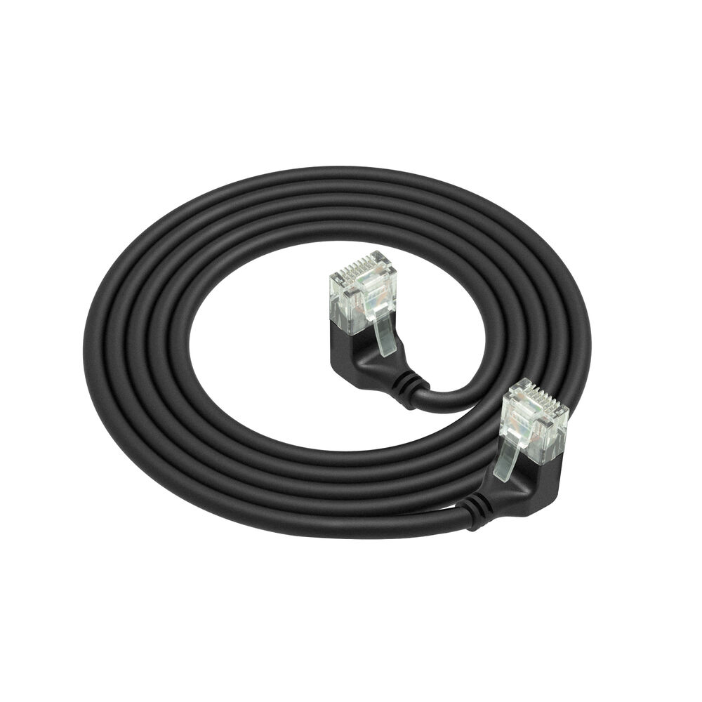 Black 1 meter U/UTP CAT6A LSZH Slimline patch cable with RJ45 connectors 90° angled down to 90° angled down
