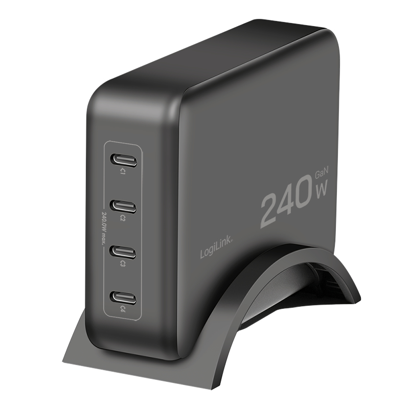 USB-C Desktop charger, 240 W, GaN, 4-port, 4x USB-C (PD), Black
