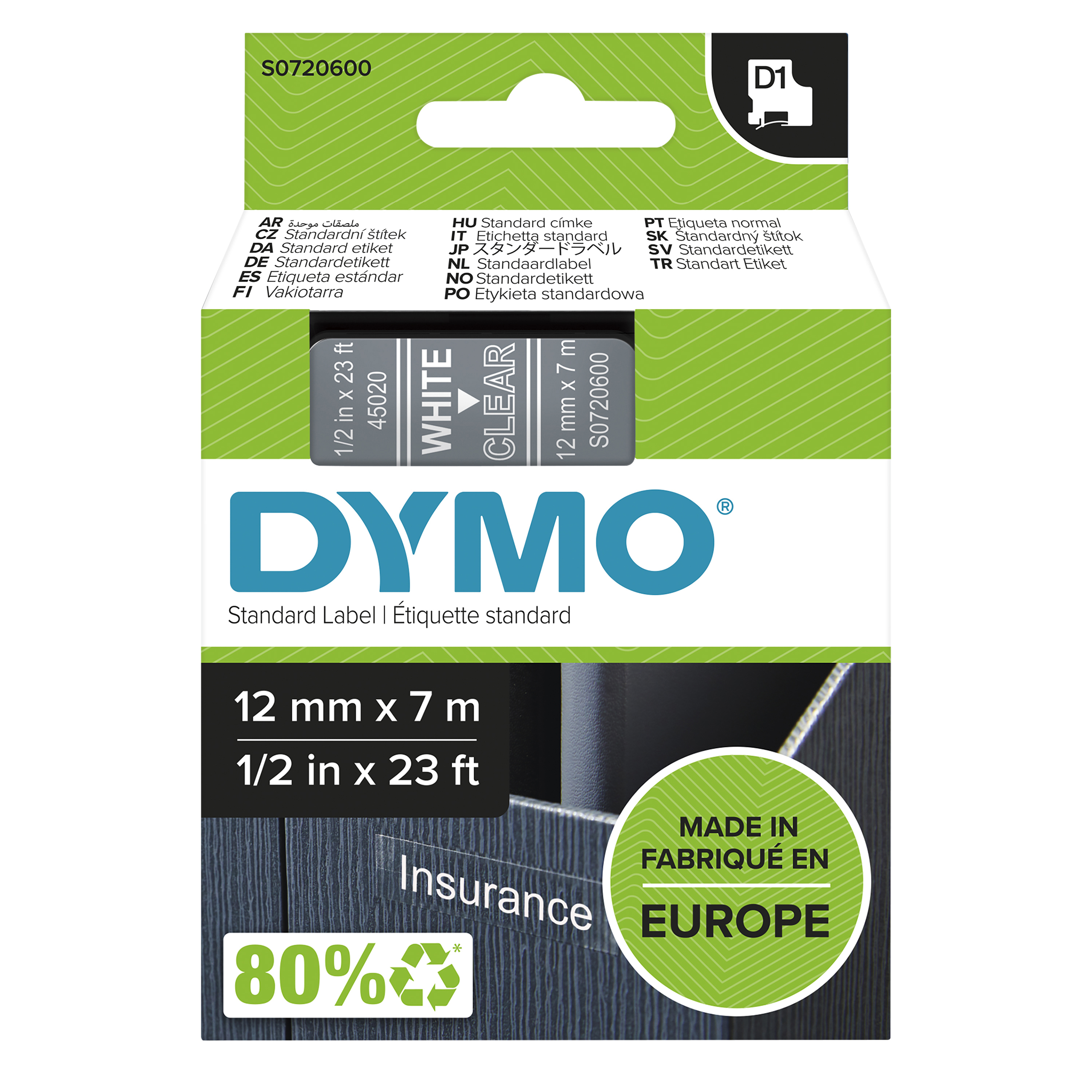 DYMO D1 Standard 12mm 12mm x 7m White on transperant
