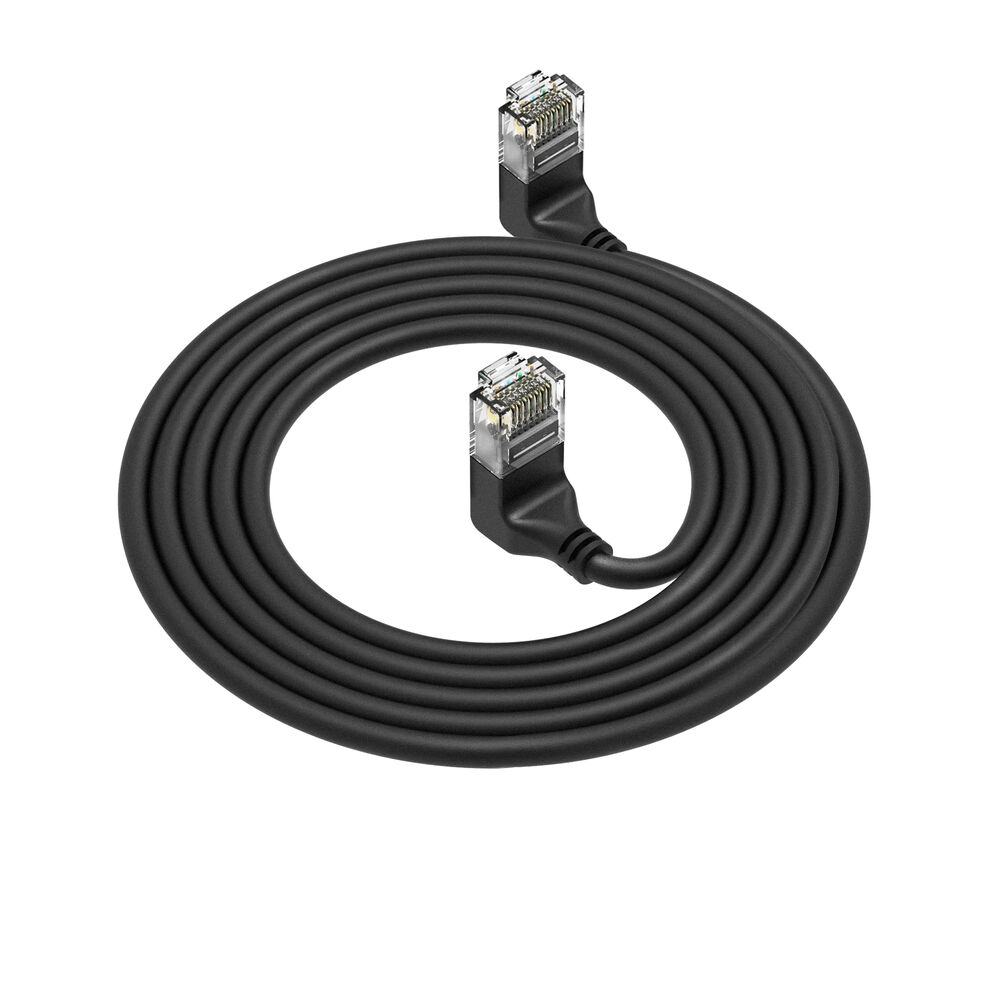 Black 5 meters U/UTP CAT6A LSZH Slimline patch cable with RJ45 connectors 90° angled up to 90° angled up