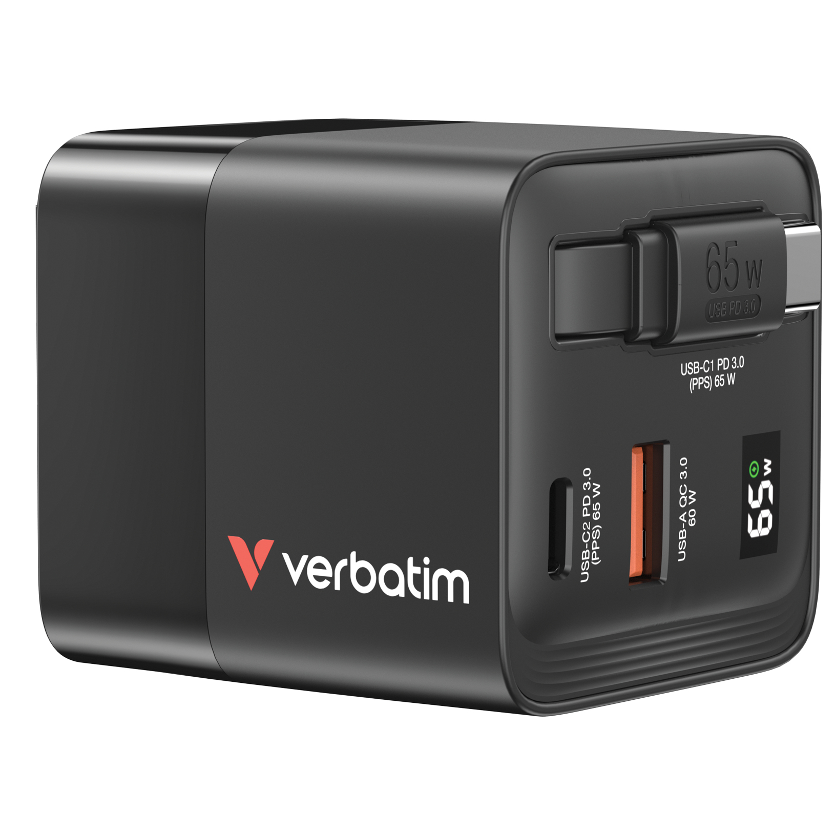Verbatim GaN Charger 65W 2 Port retr cable US/EU/UK