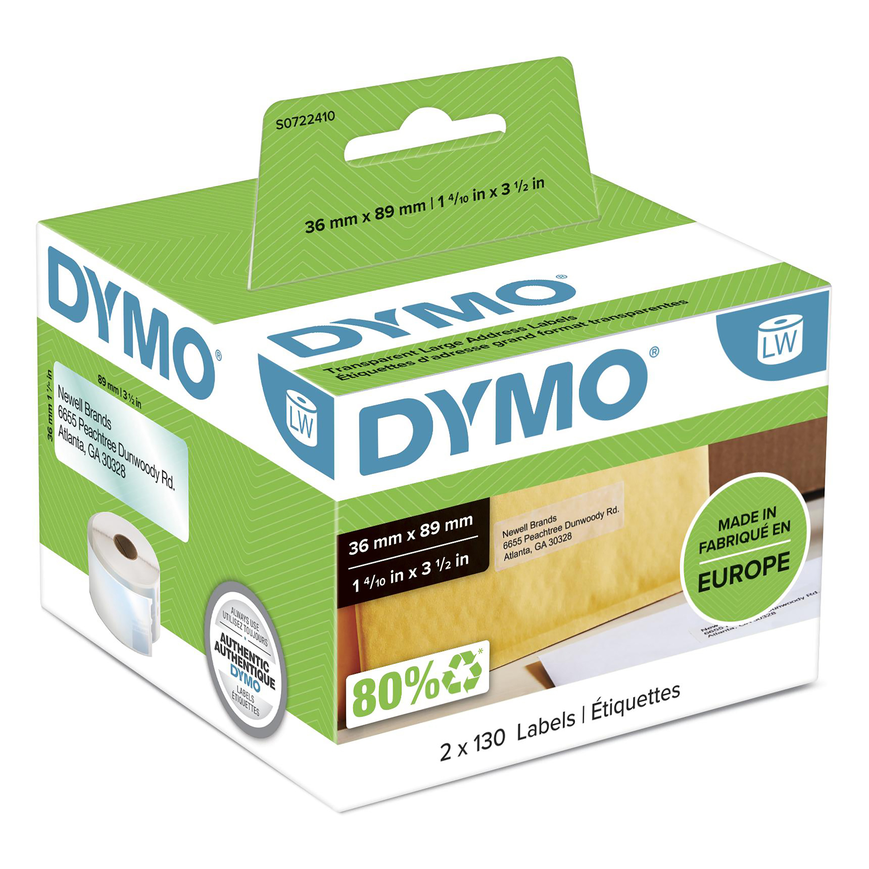 DYMO Transparent Address Labels 89mm x 36mm 260 labels/roll,