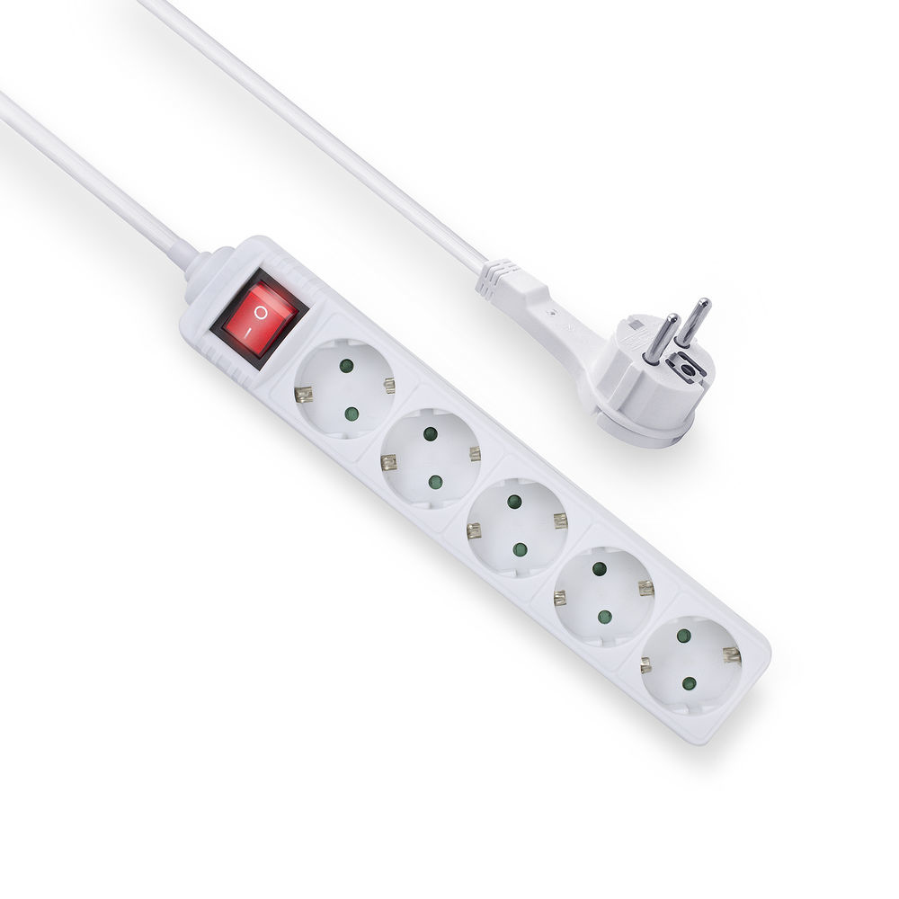 Power strip with illuminated switch and flat plug, 5 sockets, 1.5 m, white