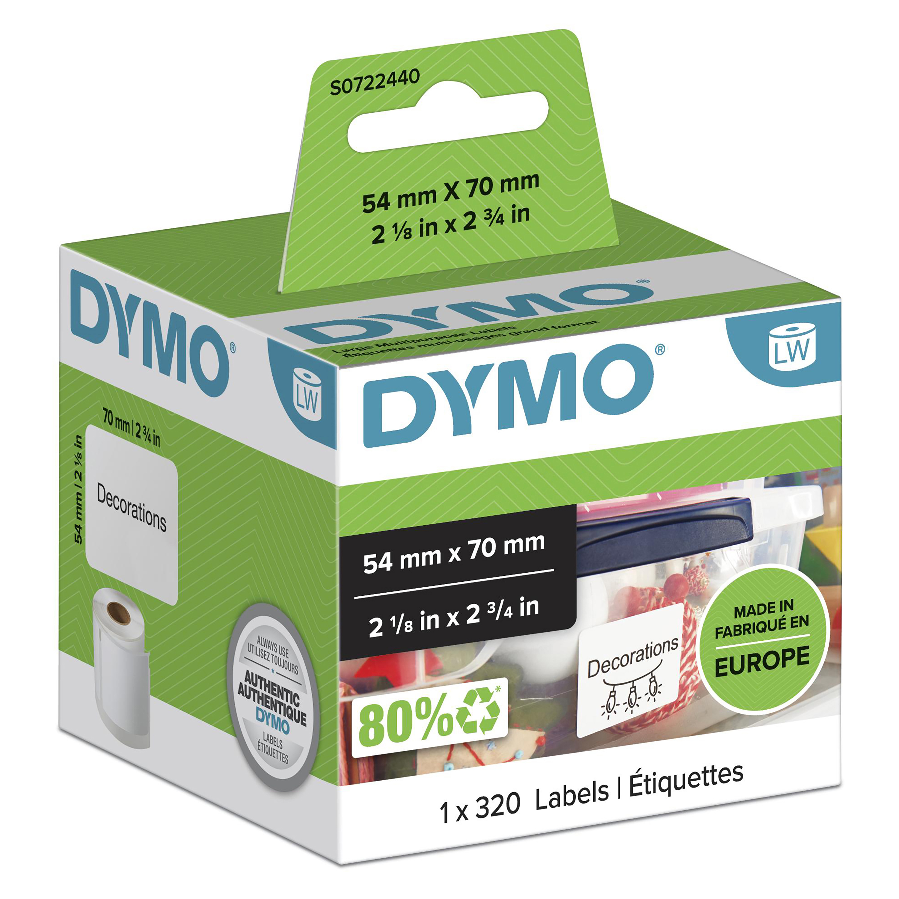 DYMO Large Multipurpose Labels 70mm x 54mm 320 labels/roll,