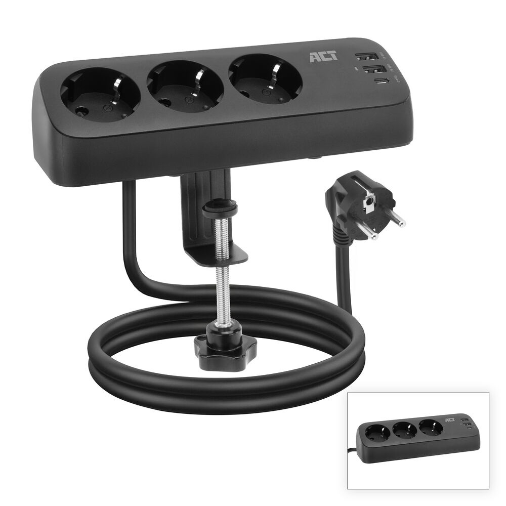 Desk power strip with 3 type F sockets, 30W Power Delivery, USB Type-C/A ports, cable length 1.5 meters