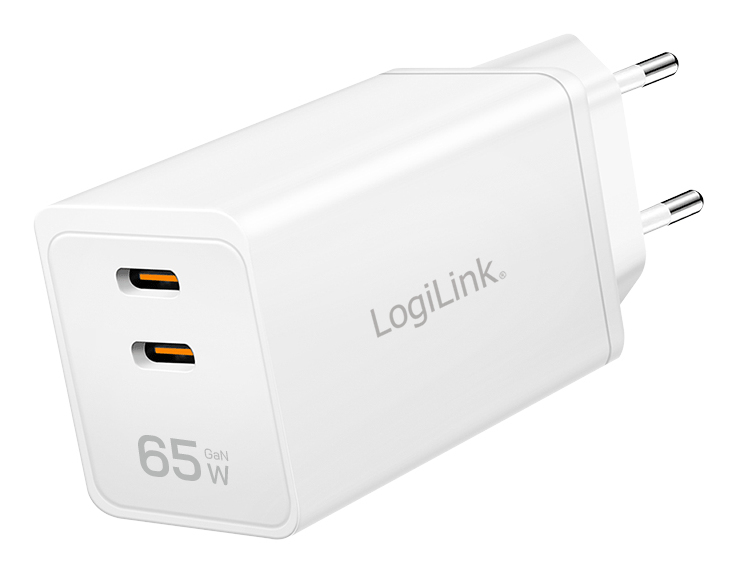 Logilink USB-C charger, 65 W, GaN, 2-port, 2x USB-C (PD 3.0/QC 4.0), White