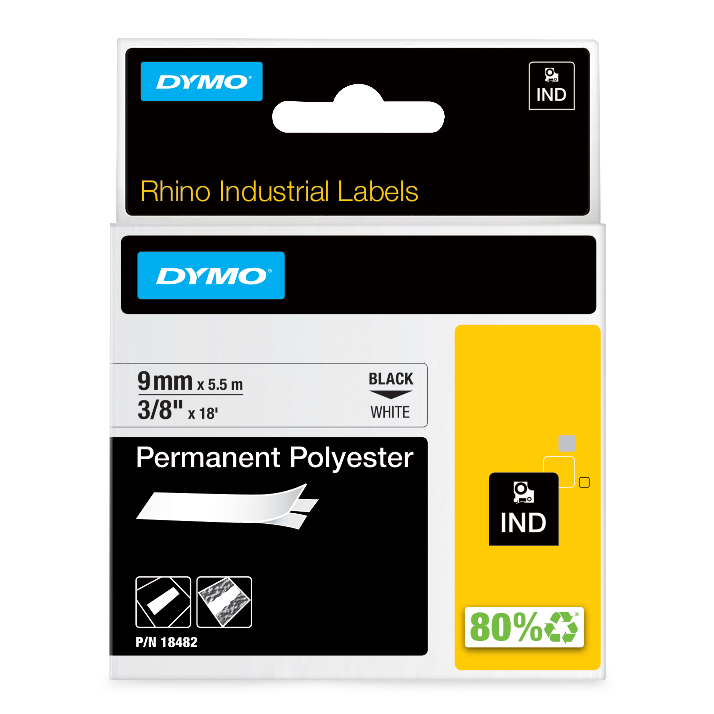 Dymo Rhino IND ORIGINAL Schriftband Polyester 9mm x 5,5m, schwarz auf wei (permanent klebend, 18482)