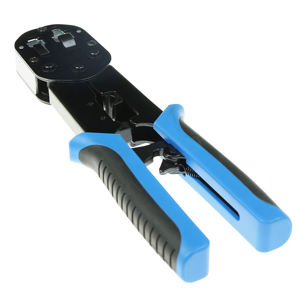 Modular crimp tool for pass-through RJ45 connectors