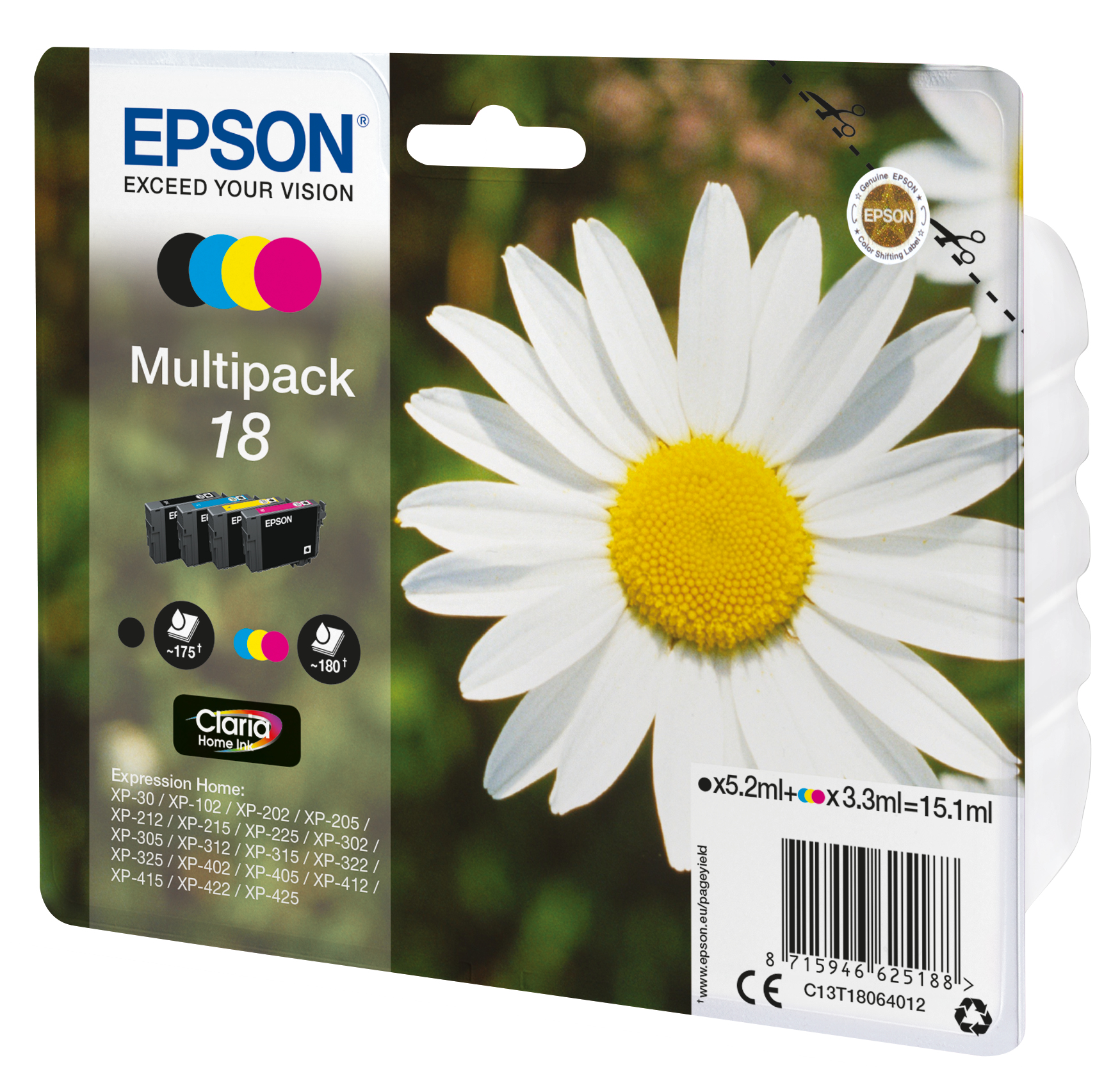 EPSON 18 Multipack 4-pack 15.1ml BK Y C M blister ink for XP-212 215 225 312 315 322 325 412 415 422 425