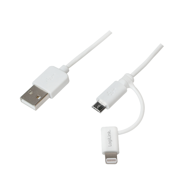 USB 2.0 cable, USB-A/M to Micro-USB + Lightning/M, white, 1 m