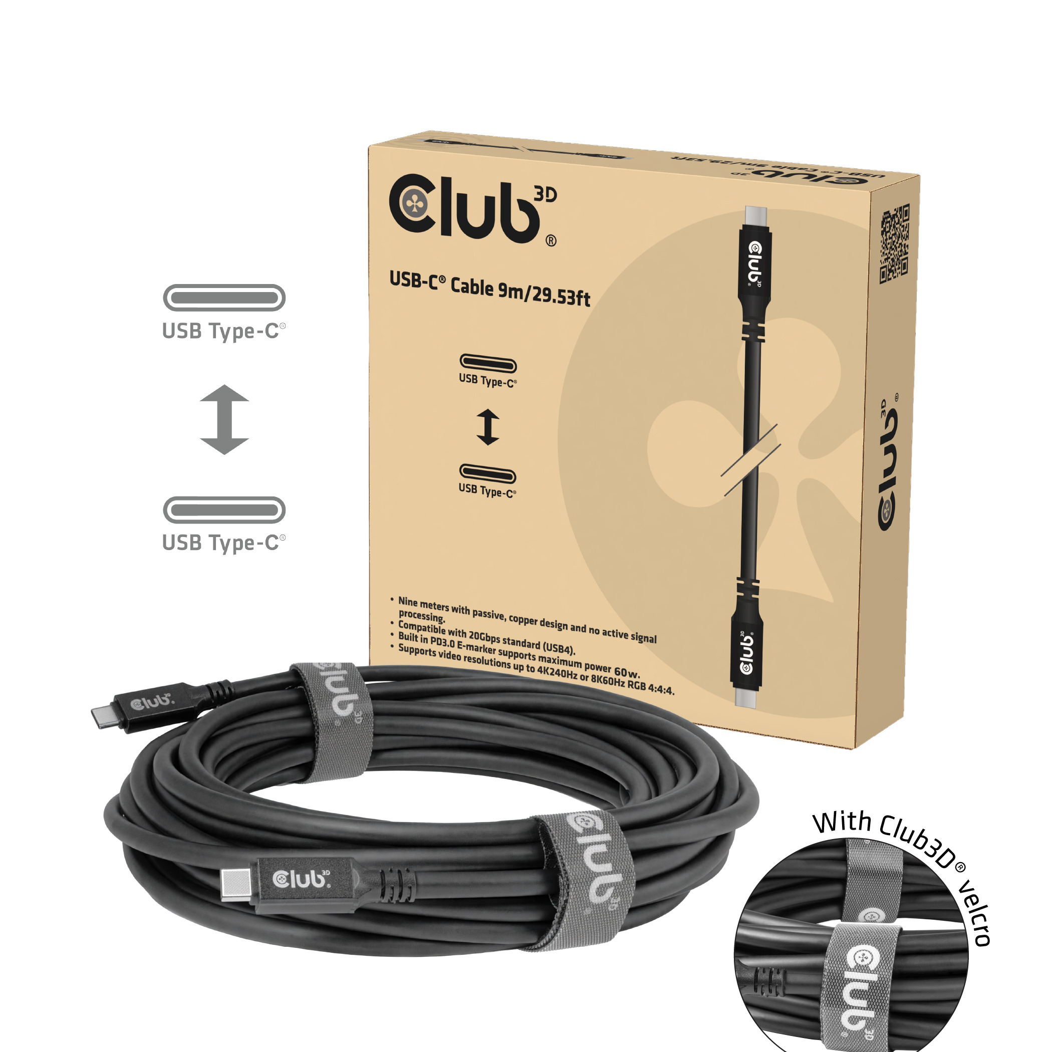 Kabel USB 4 Typ C PD 100W / 8K / 20Gbps 9m St/St retail