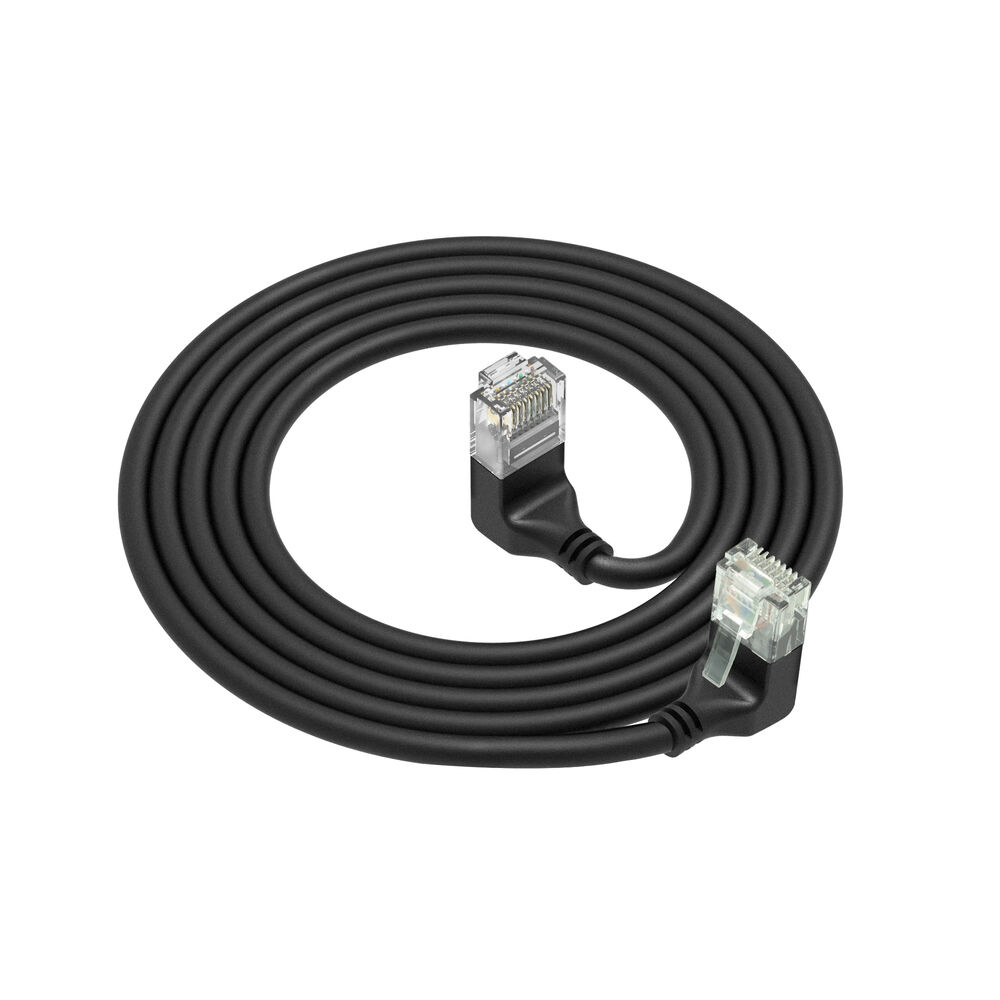 Black 1 meter U/UTP CAT6A LSZH Slimline patch cable with RJ45 connectors 90° angled down to 90° angled up