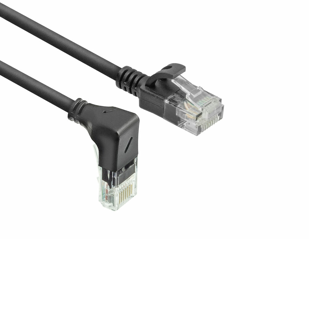 Black 1.5 meters U/UTP CAT6A LSZH Slimline patch cable with RJ45 connectors 90° angled down to straight
