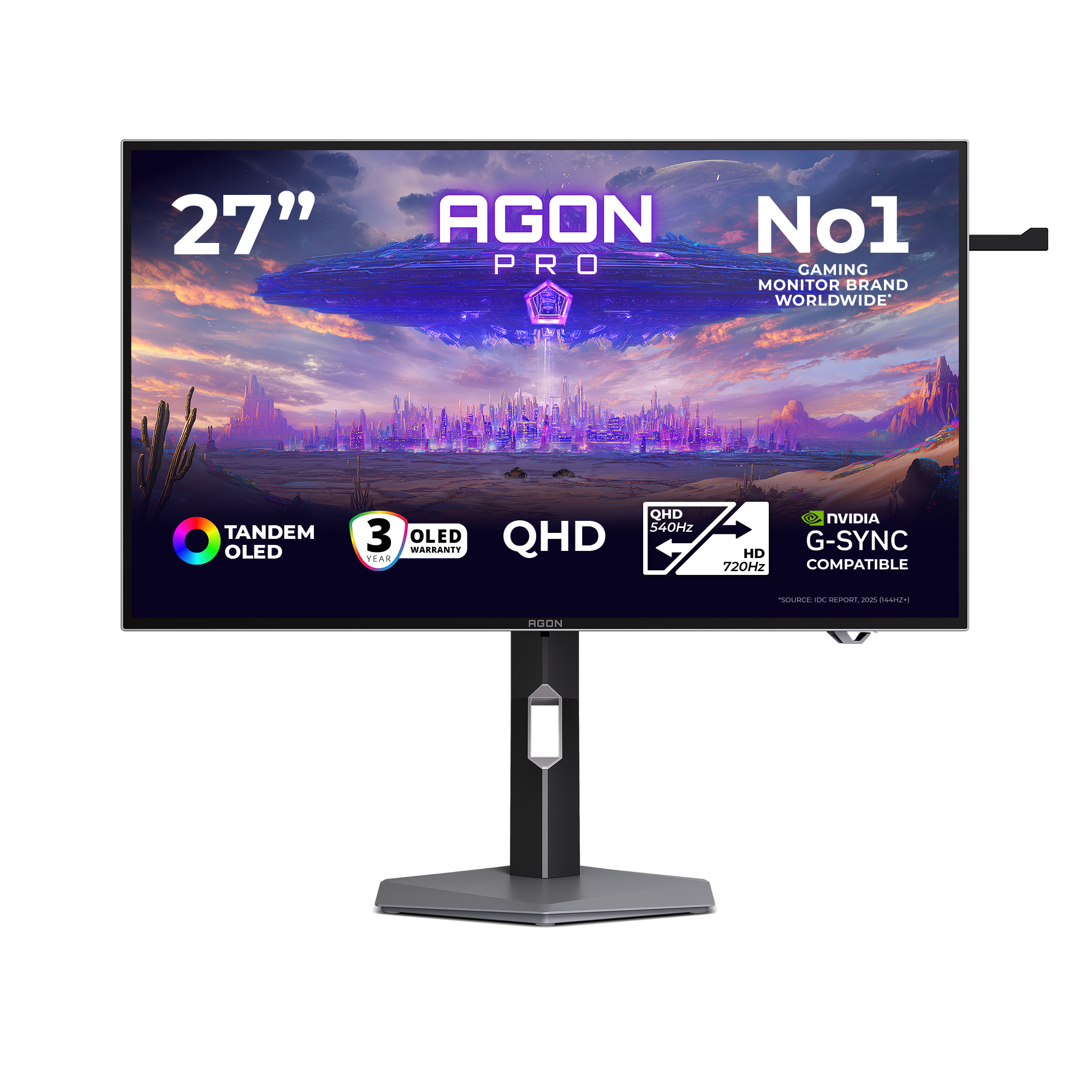 67,3 cm (26.5") 2560 x 1440 Pixel AOC AGP277QKDC 16:9 Quad HD OLED 0,03 ms 720 Hz HDR DisplayPort HDMI USB-Hub Pivot Height VESA Speaker