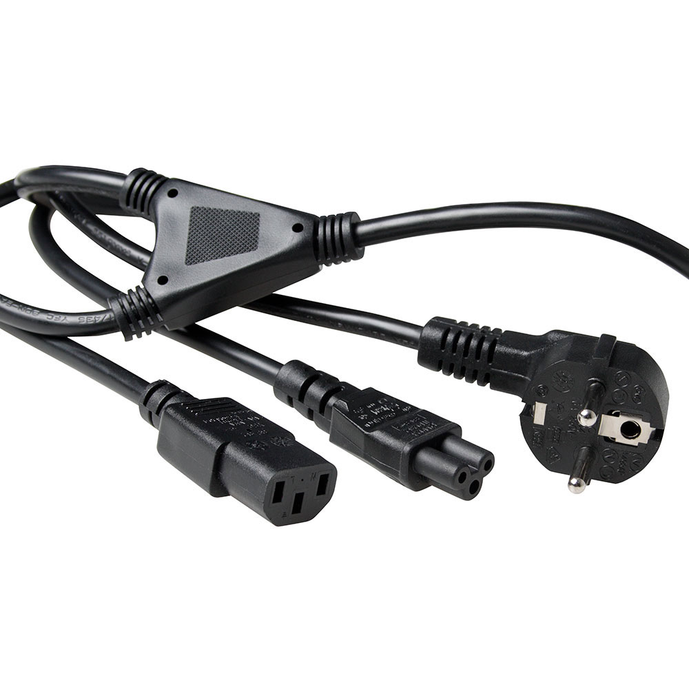Powercord split cable mains connector CEE7/7 male (angled) - 1 x C13 + 1 x C5 splitting at: 1.00 m