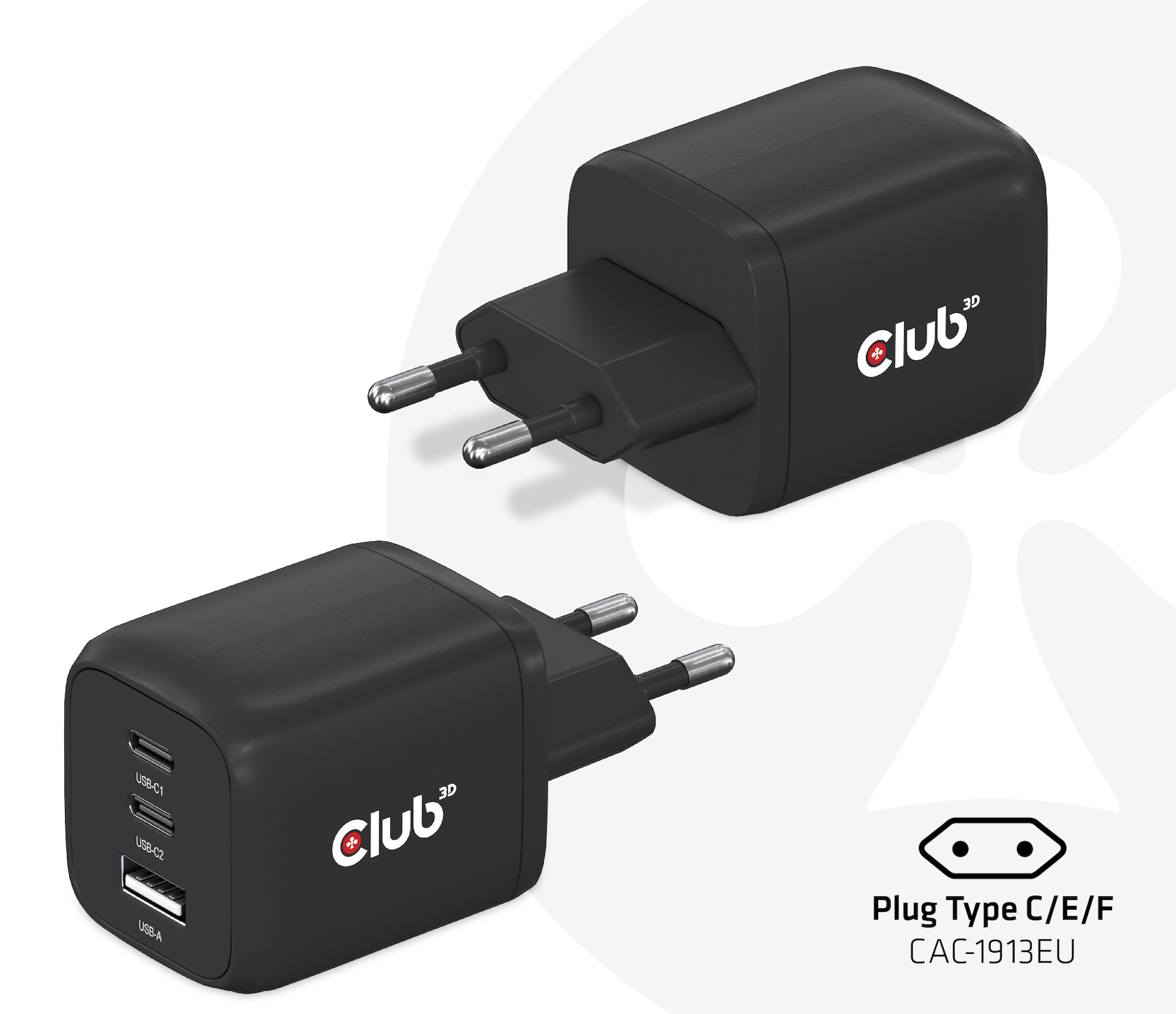Club3D Ladegerät 2xUSB Typ C. 1xUSB Typ A. PD 65W. GaN retail