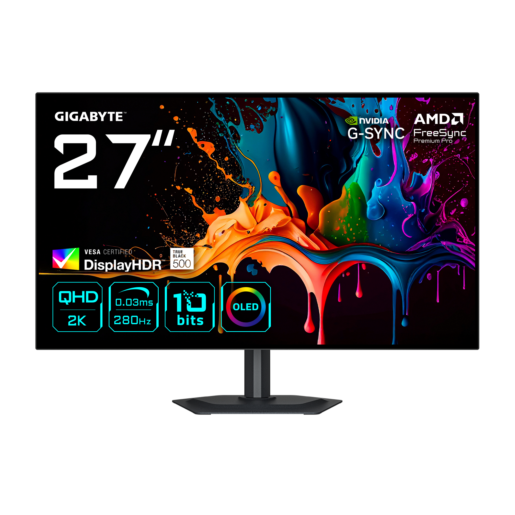 68,6cm/27" (2560x1440) GIGABYTE MO27Q28G WQHD WOLED 0,03ms 280Hz HDMI DisplayPort USB-C USB HDR VESA Speaker Pivot