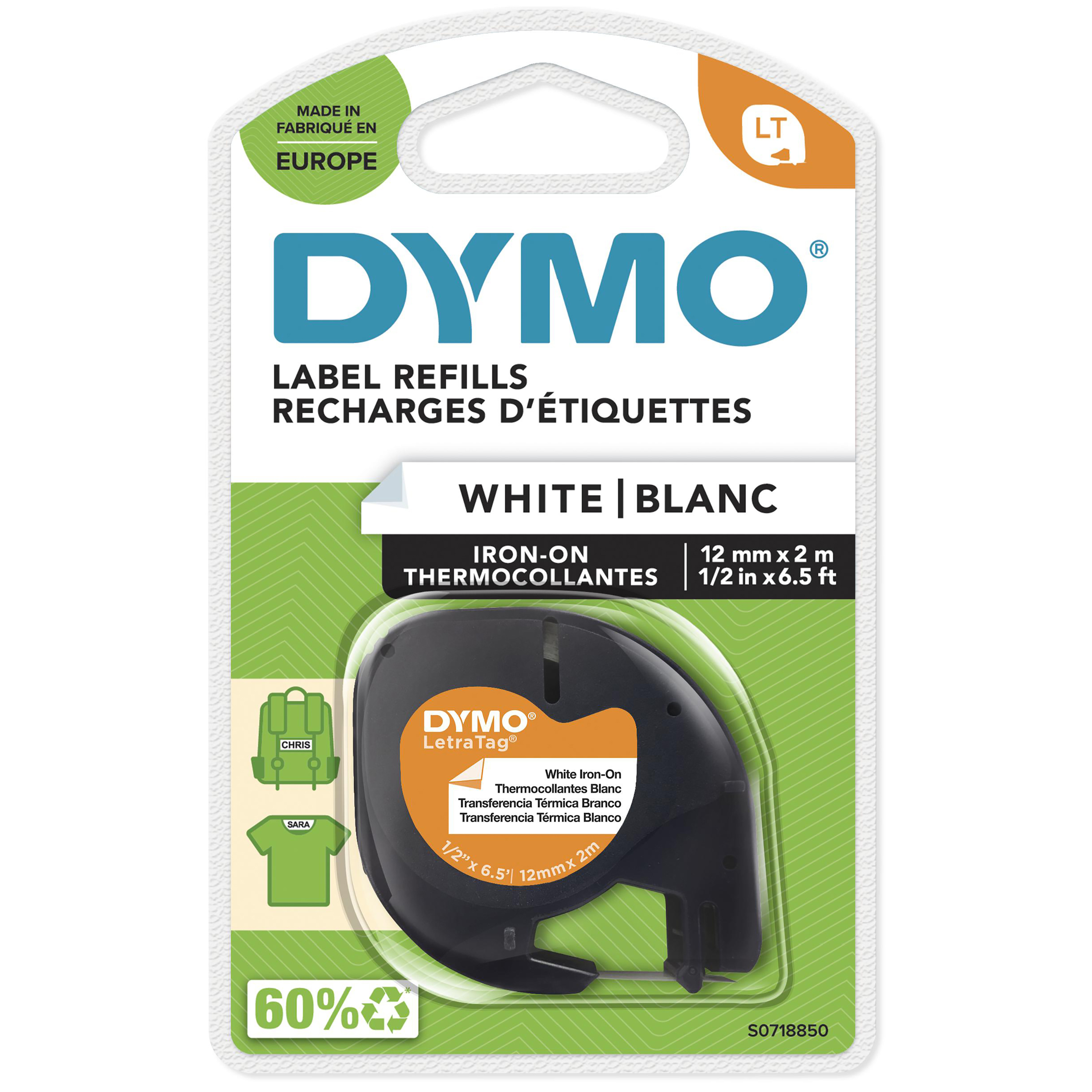 DYMO LETRATAG TAPE IRON-ON BLACK ON WHITE 12mm x 4m