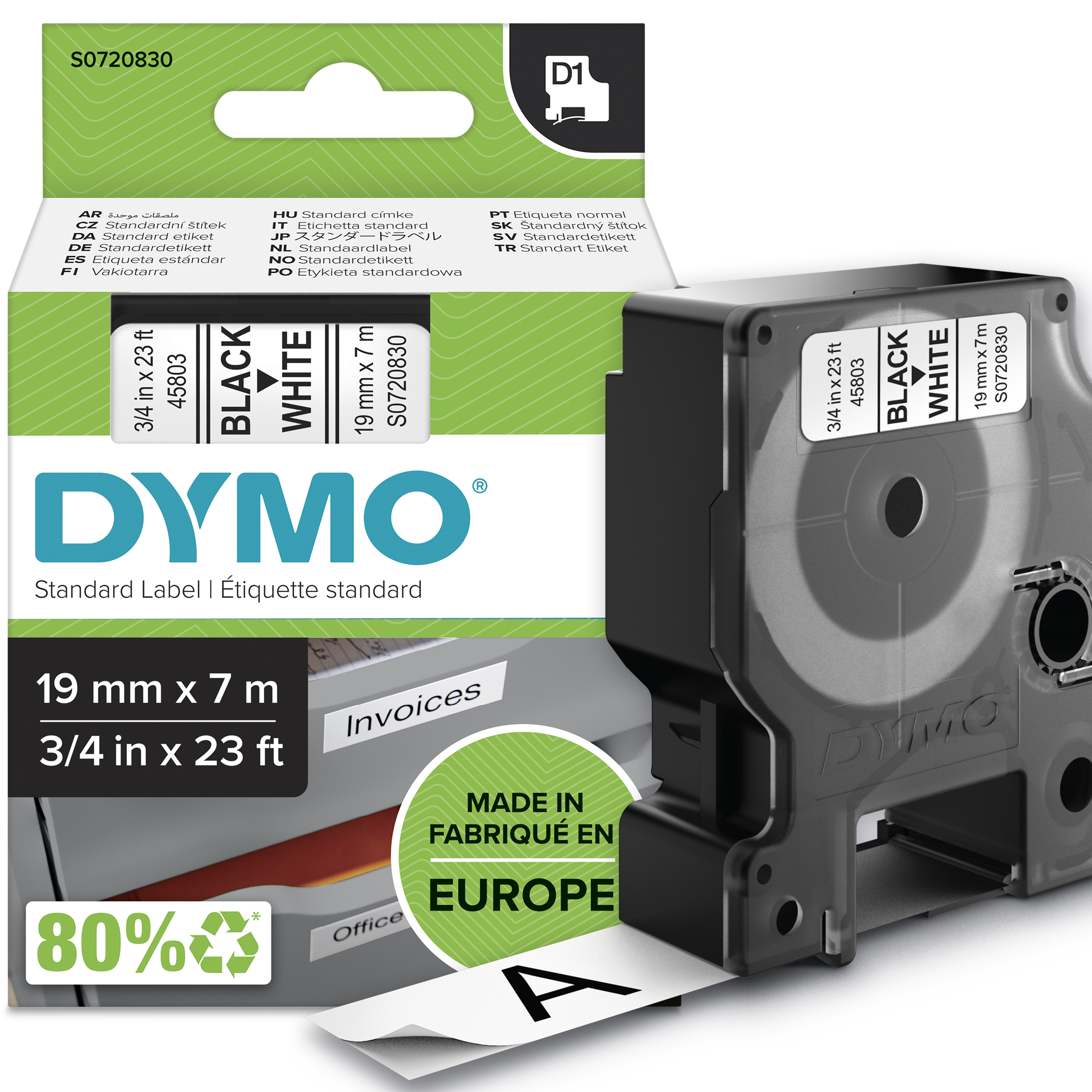 Dymo LabelWriter - D1 Etiketten Glanzband - 19 mm x 7 m - Schwarz auf Weiß - (S0720830)