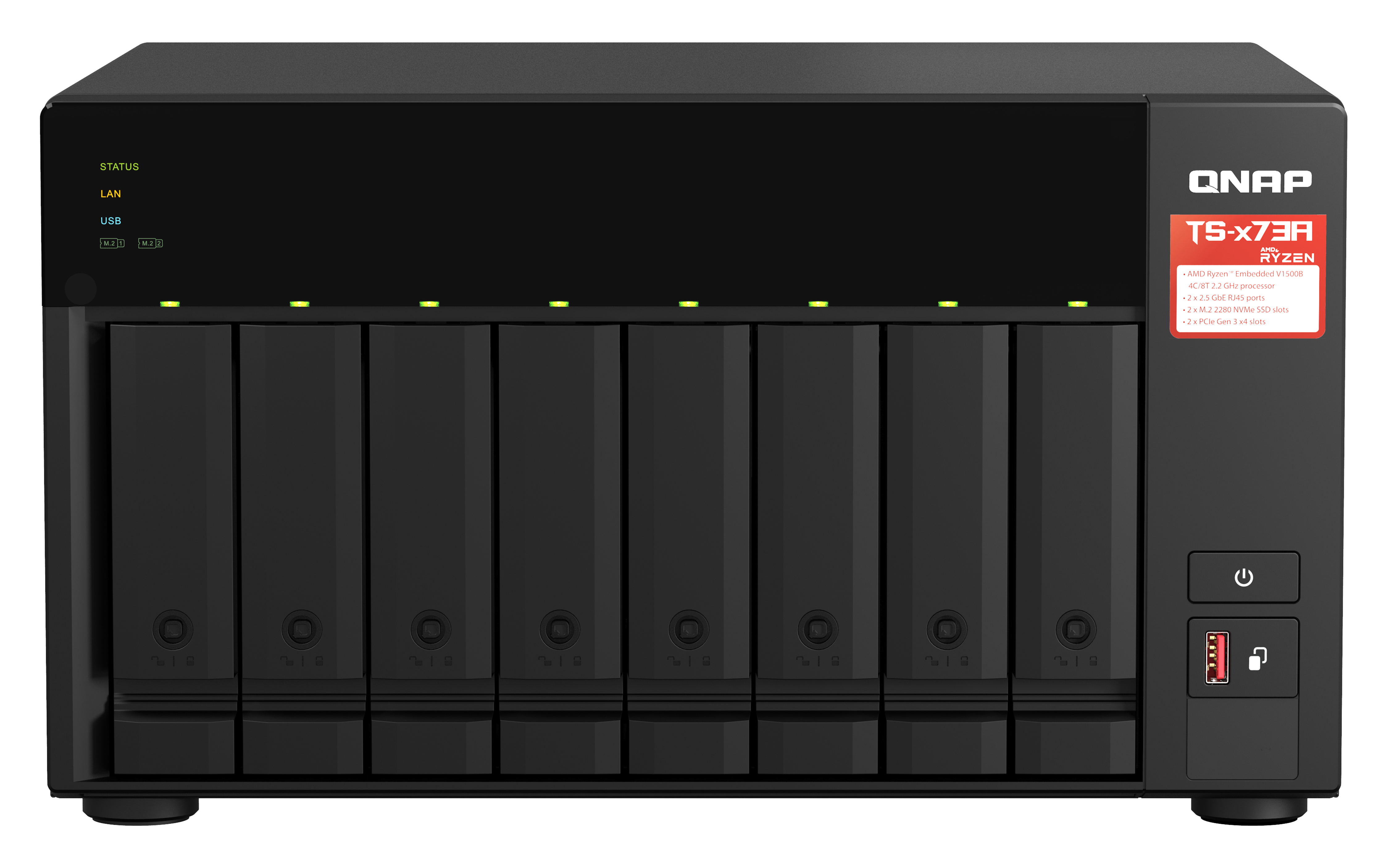 QNAP 8-bay NAS AMD Ryzen Embedded V1500B 2.2GHz 8GB 8xSATA 6Gb/s bays 2xM.2 NVMe PCIe Gen3 SSD slots 2x2.5GbE LAN optional 10GbE