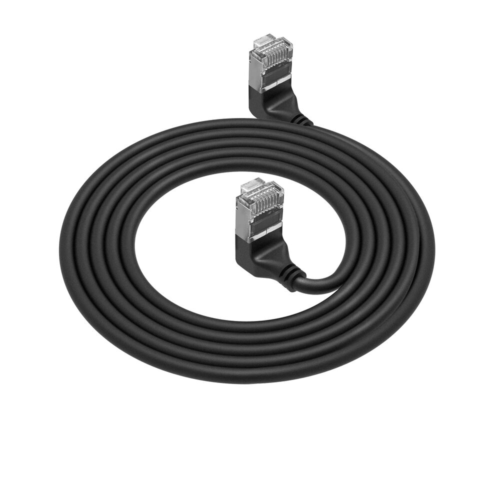 Black 3 meters U/FTP CAT6A LSZH Slimline patch cable with RJ45 connectors 90° angled up to 90° angled up