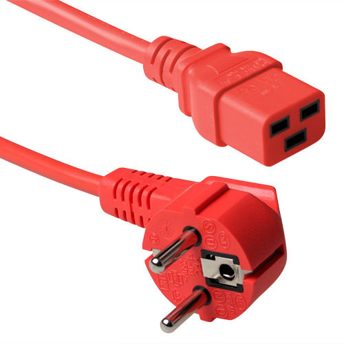 Powercord mains connector Schuko CEE 7/7 male (angled) - C19 IEC 60320 red 3 m
