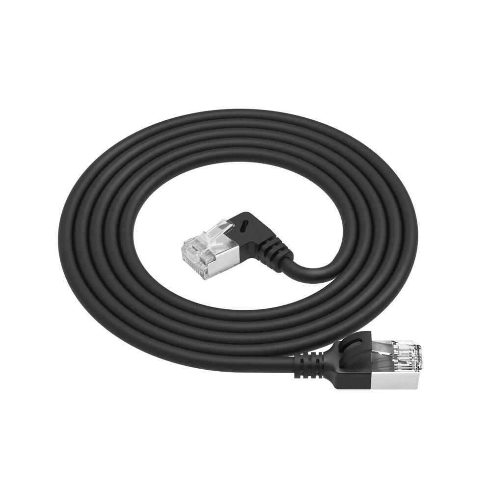 Black 0.5 meters U/FTP CAT6A LSZH Slimline patch cable with RJ45 connectors 90° angled right to straight