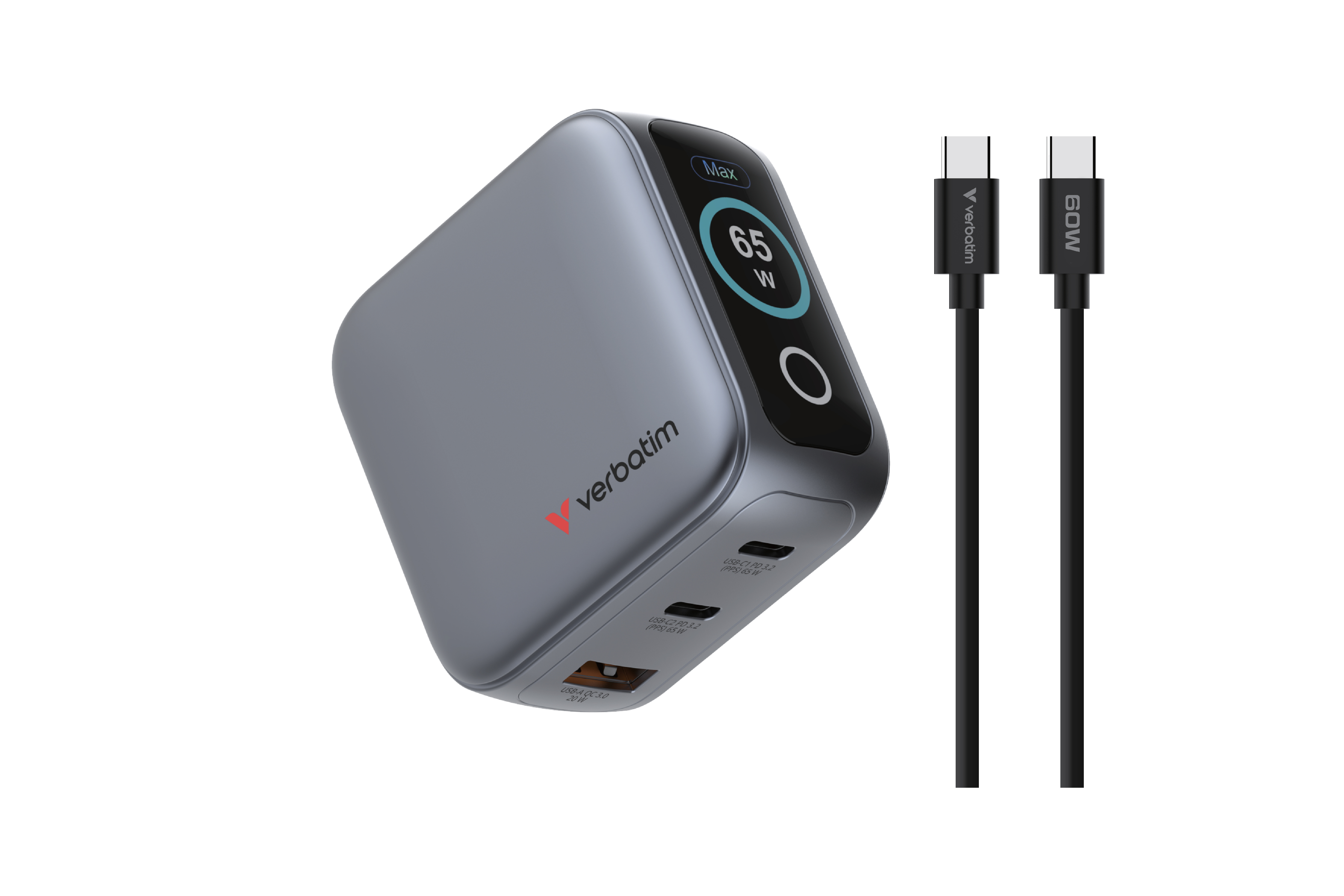 Verbatim Mini GaN Charger 3 Port 65W w Display (EU/UK/US)