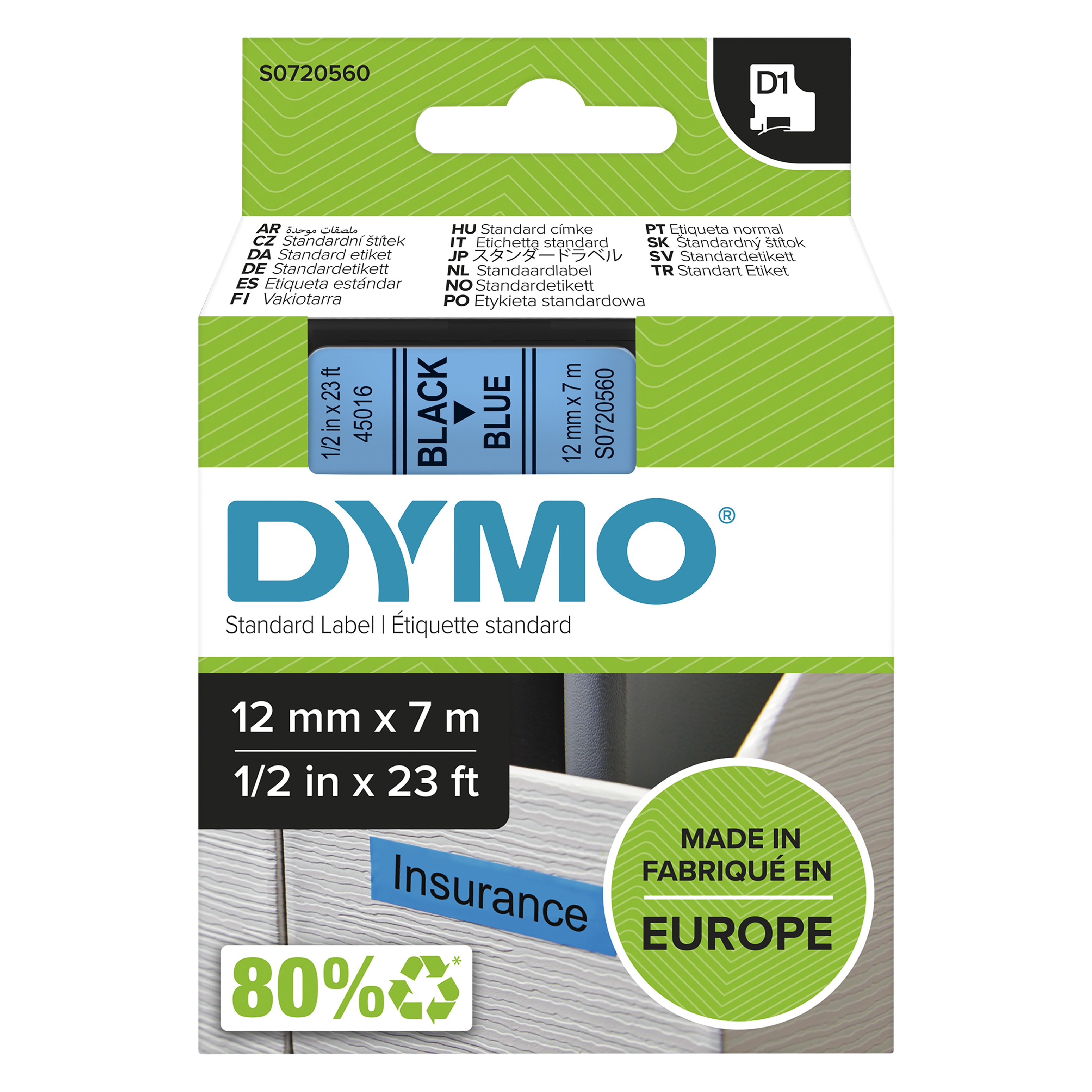 Dymo LabelWriter - D1 Etiketten Selbstklebend - 12 mm x 7 m - Schwarz auf Blau - (S0720560)