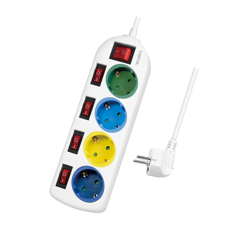 Outlet Strip, 4 safety sockets, w/switch for each socket, multicolor