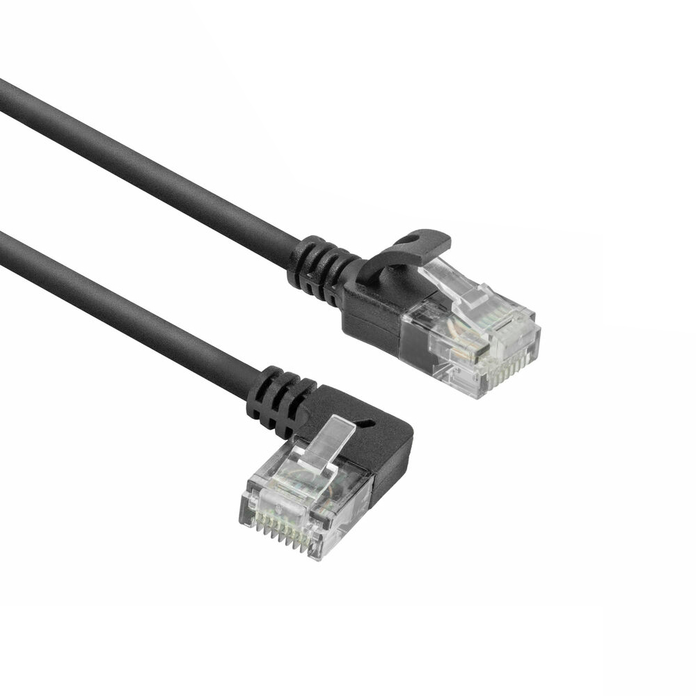 Black 5 meters U/UTP CAT6A LSZH Slimline patch cable with RJ45 connectors 90° angled left to straight