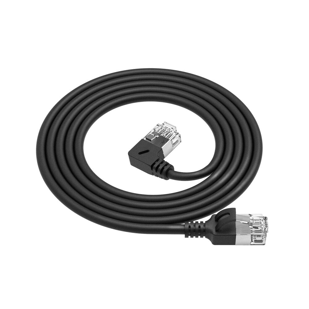 Black 3 meters U/FTP CAT6A LSZH Slimline patch cable with RJ45 connectors 90° angled left to straight