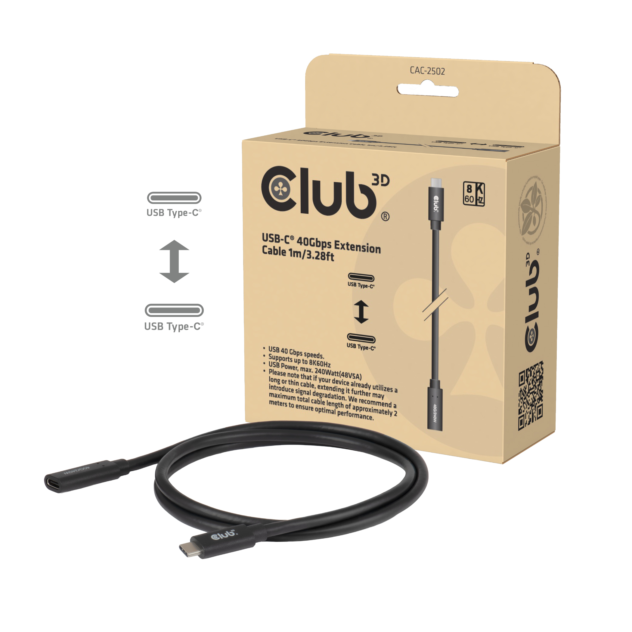 CLUB3D CAC-2502 USB-C to USB-C 1m Sort