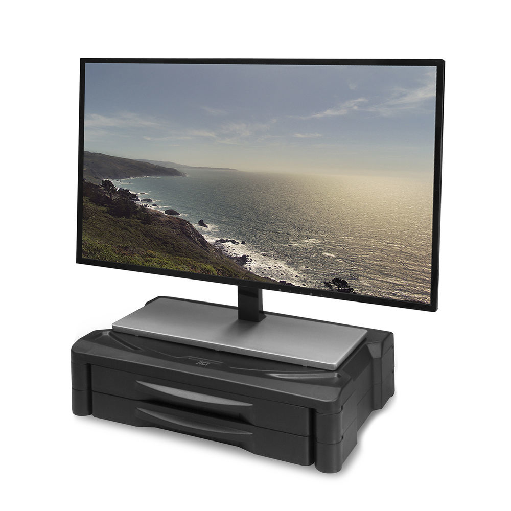 Monitor stand extra wide with two drawers, up to 10kg, adjustable height, black