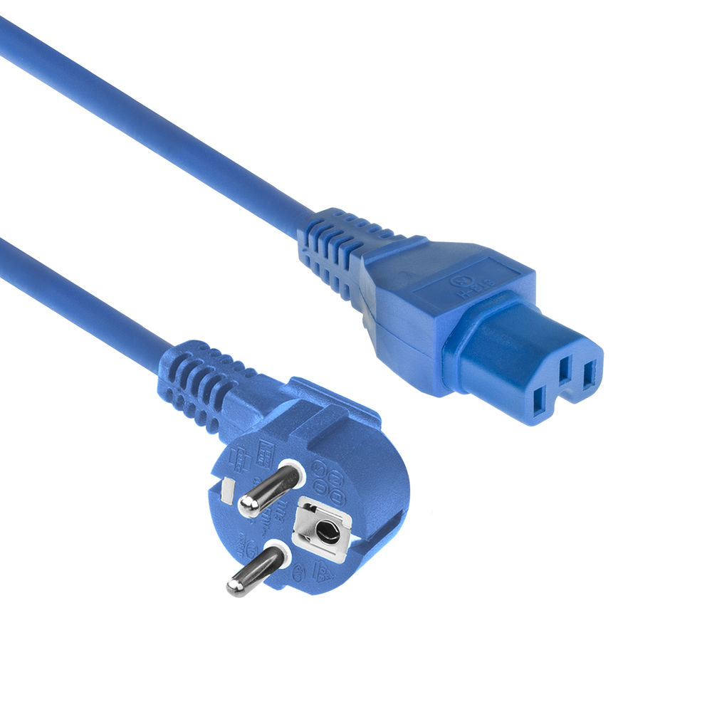 Powercord mains connector Schuko CEE 7/7 male (angled) - C15 IEC 60320 blue 1.5 m