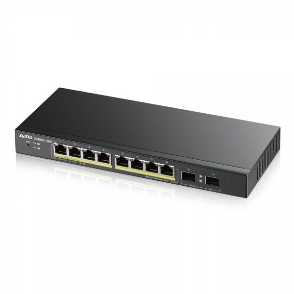 Zyxel GS1900-8HP, 8-port GbE L2 PoE Smart Switch, 802.3at, desktop, fanless, 70 Watt