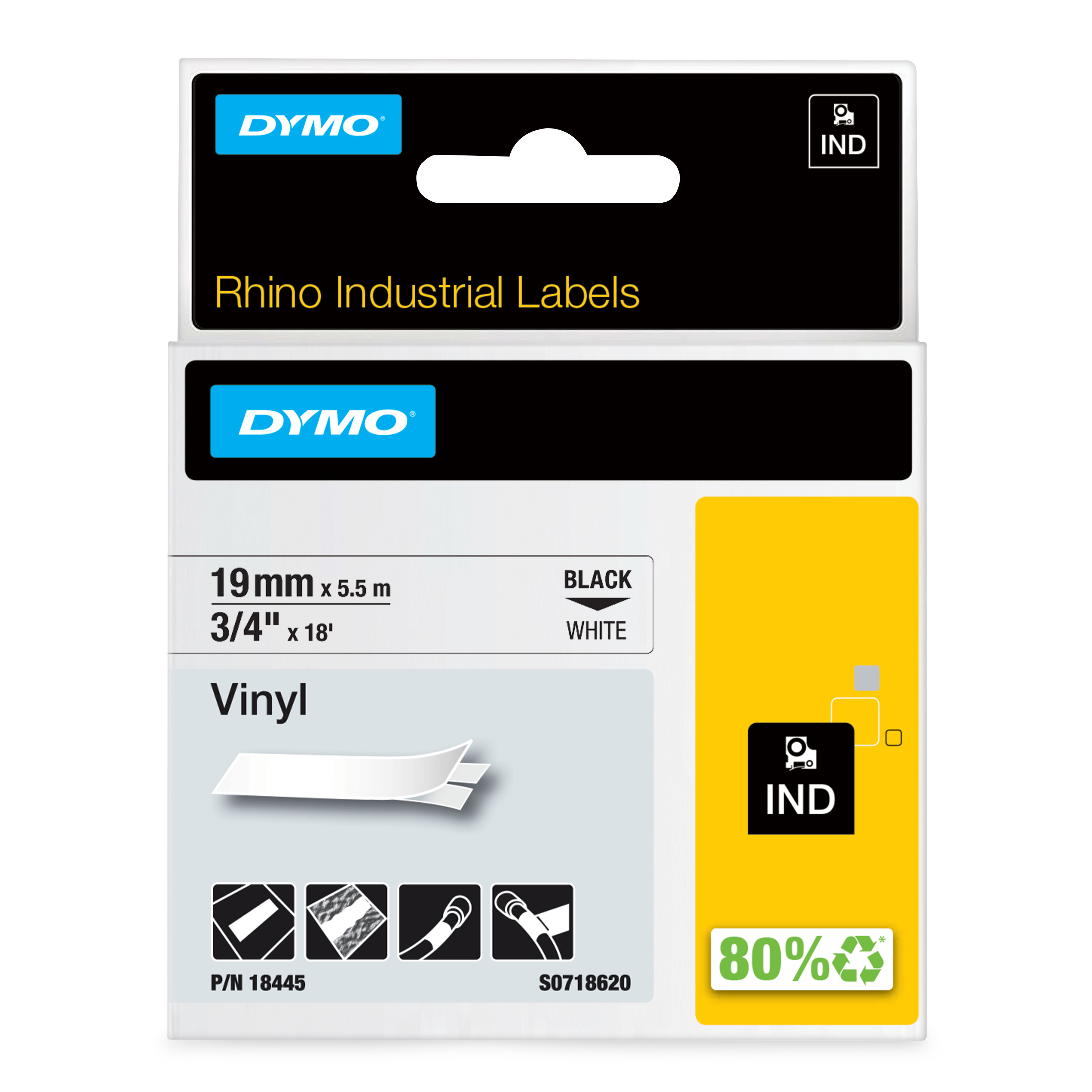 Dymo IND - Vinyl - Schwarz auf Weiß - Roll (1.9 cm x 5.5 m)