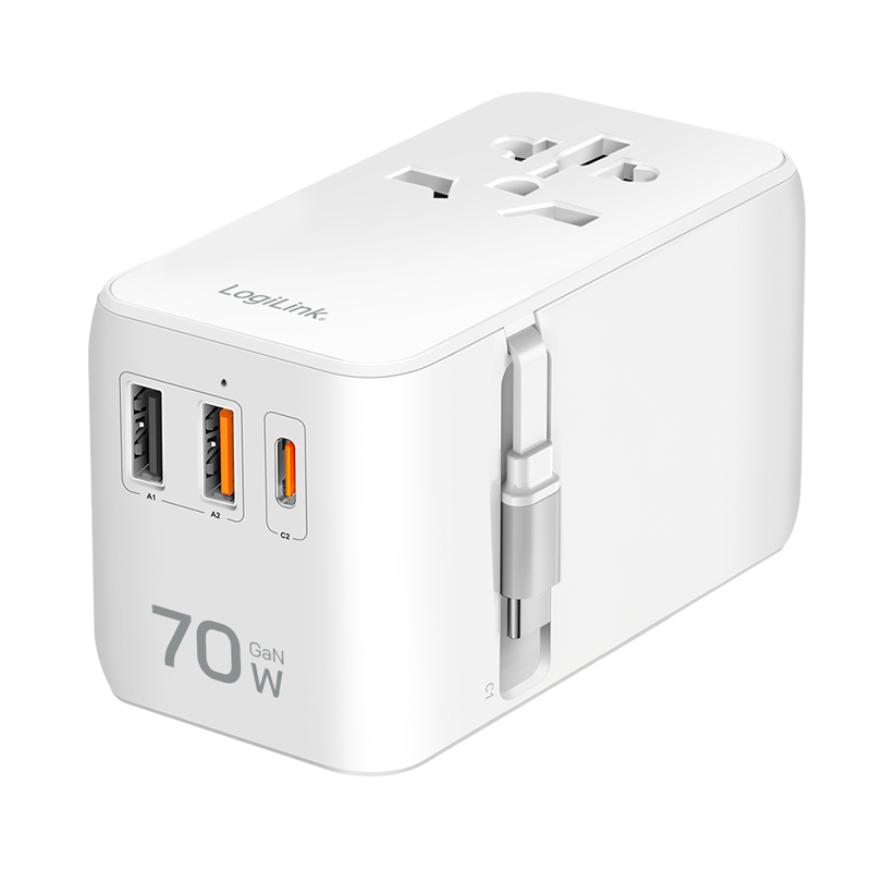 USB-A/C Travel charger, 70 W, GaN, 4-port, 2x USB-A (QC), 2x USB-C (PD), Slim Version, White