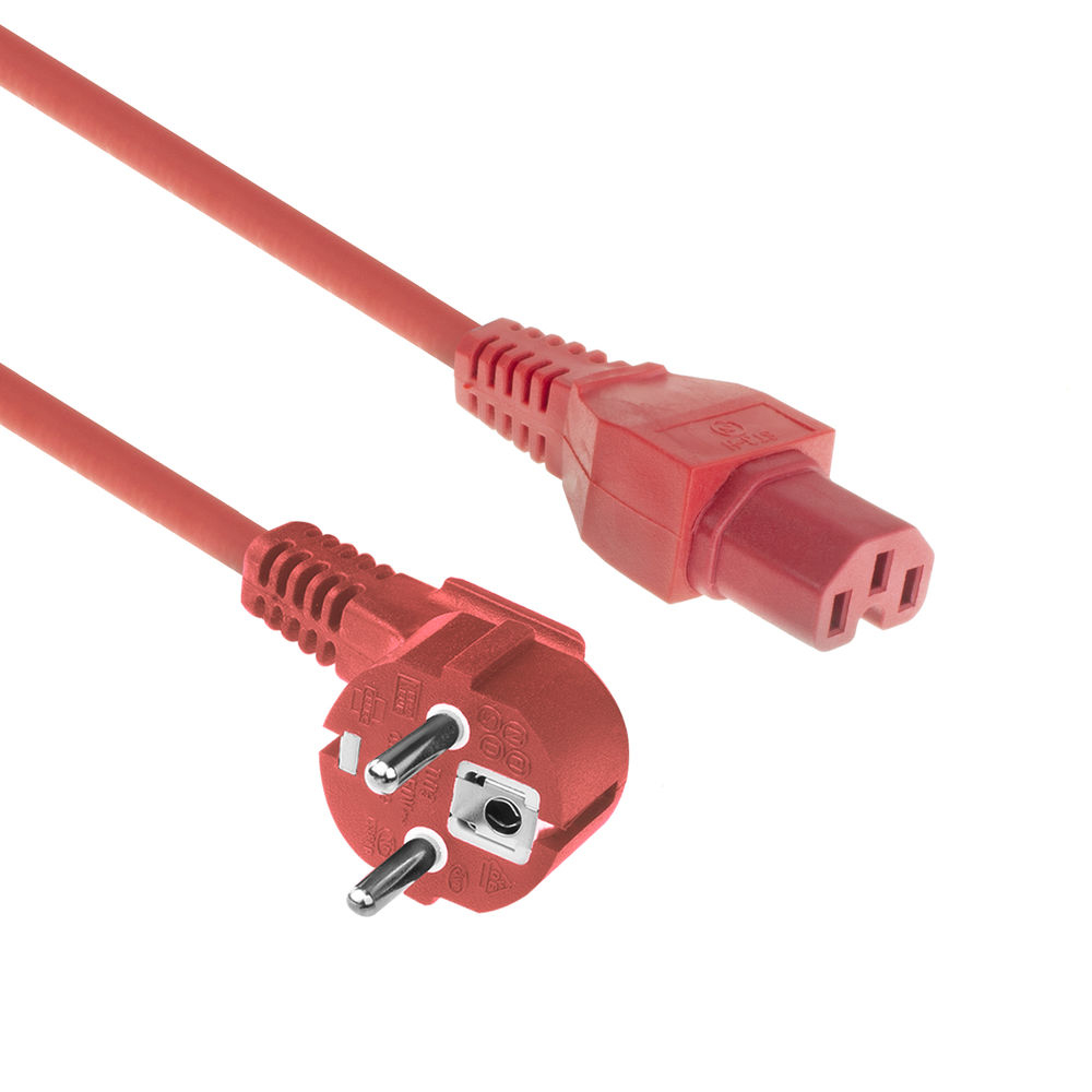 Powercord mains connector Schuko CEE 7/7 male (angled) - C15 IEC 60320 red 1.5 m