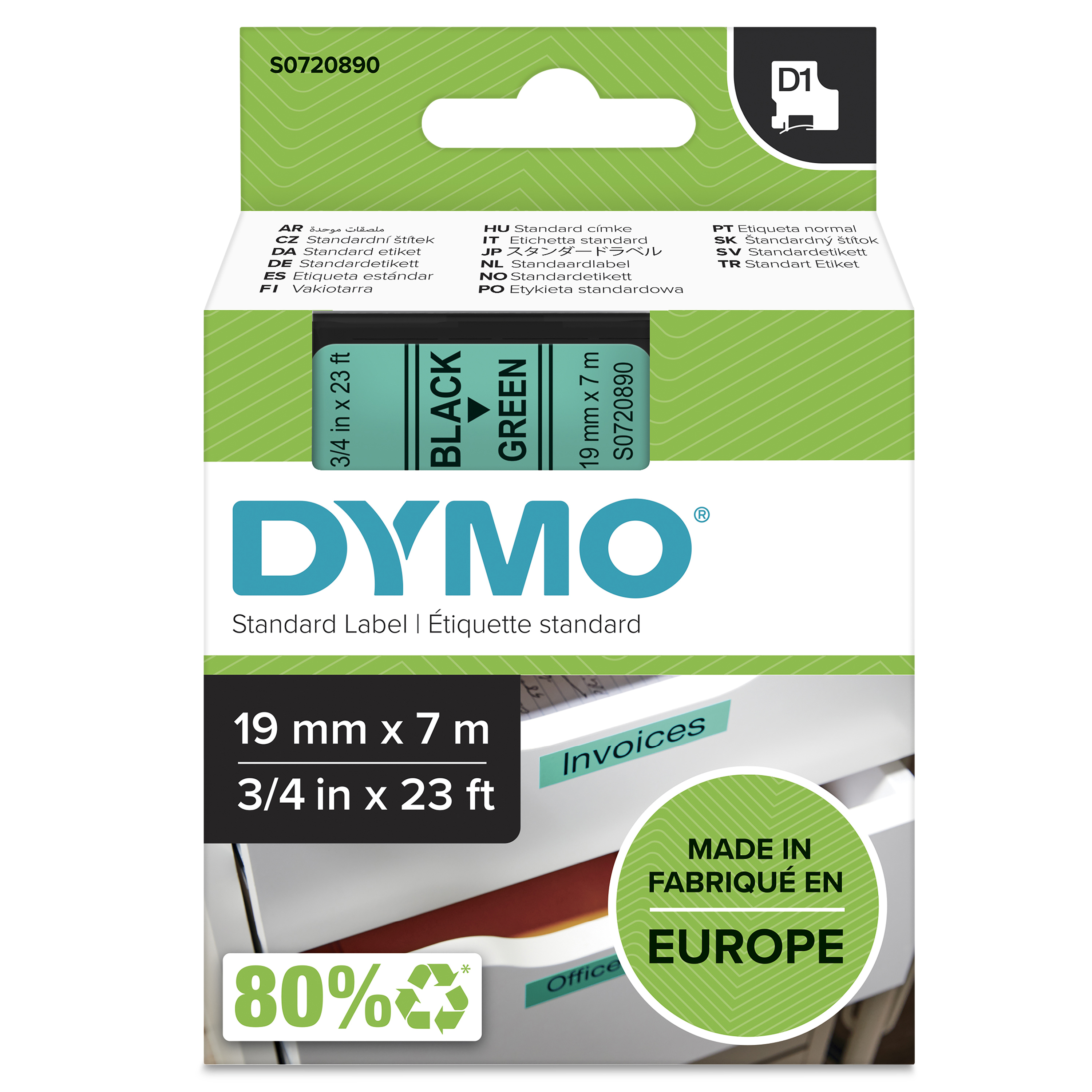 DYMO D1 Standard 19mm 19mm x 7m Black on green,