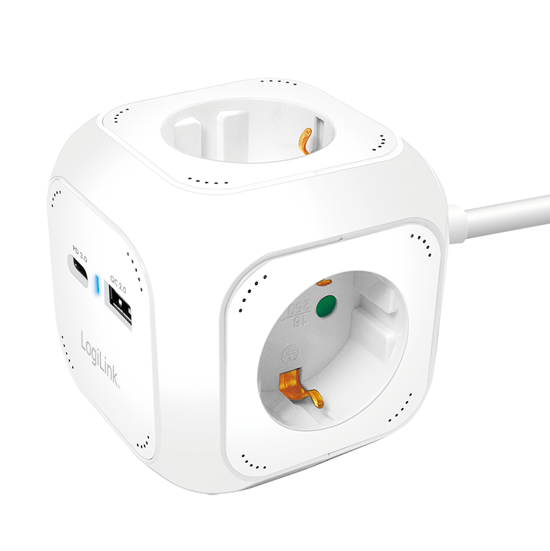 Outlet Strip, 4 safety sockets, w/ 1x USB-A, 1x USB-C, 20W PD, Cube
