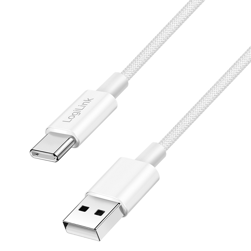 Logilink USB 2.0 Type-C cable, A/M to C/M, 480 Mbps, 60W, nylon, white, 1.5 m