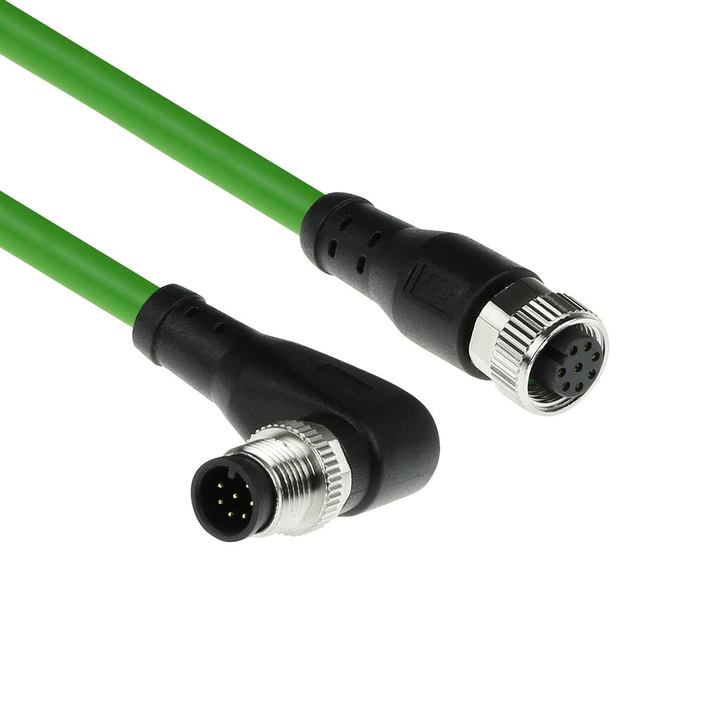 Industrial 1.50 meters Sensor cable M12A 8-pin male right angled to M12A female, Ultraflex TPE cable, shielded