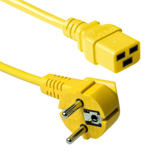 Powercord mains connector Schuko CEE 7/7 male (angled) - C19 IEC 60320 yellow 1.2 m