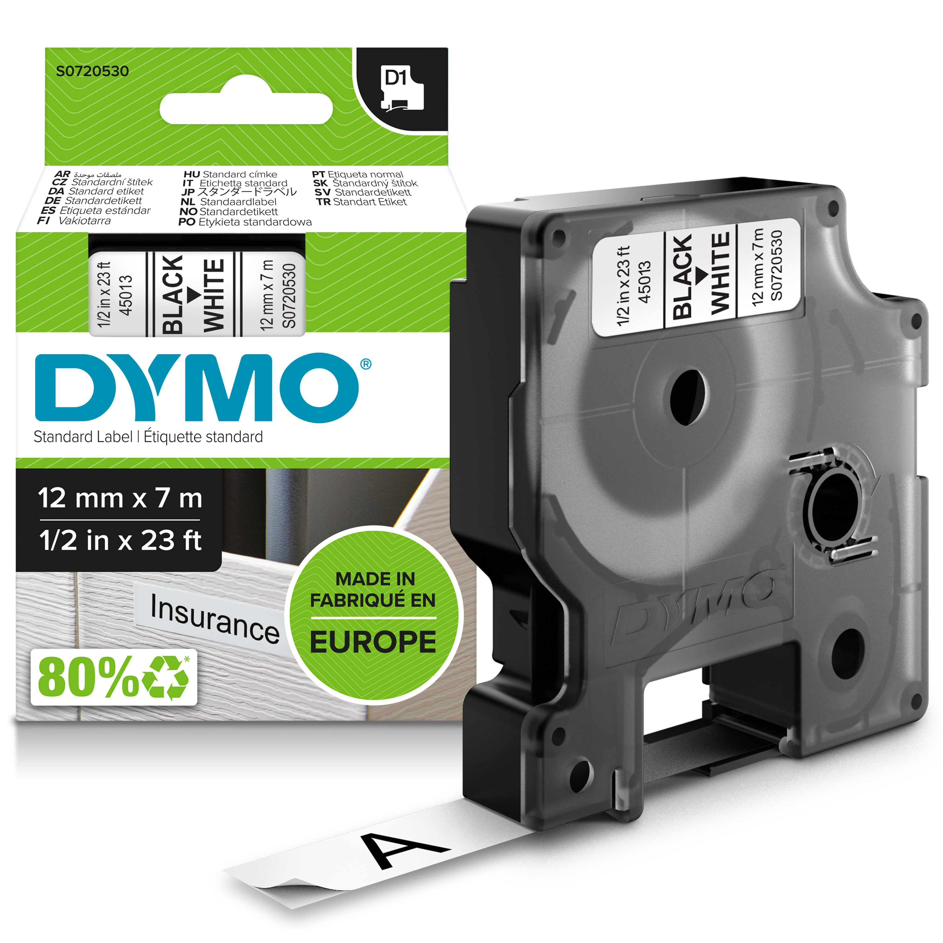 DYMO D1 Standard 12mm 12mm x 7m Black on white