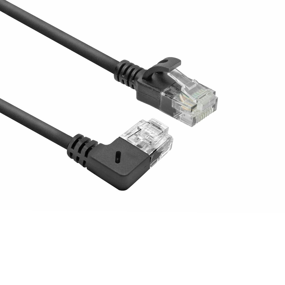 Black 0.15 meters U/UTP CAT6A LSZH Slimline patch cable with RJ45 connectors 90° angled right to straight