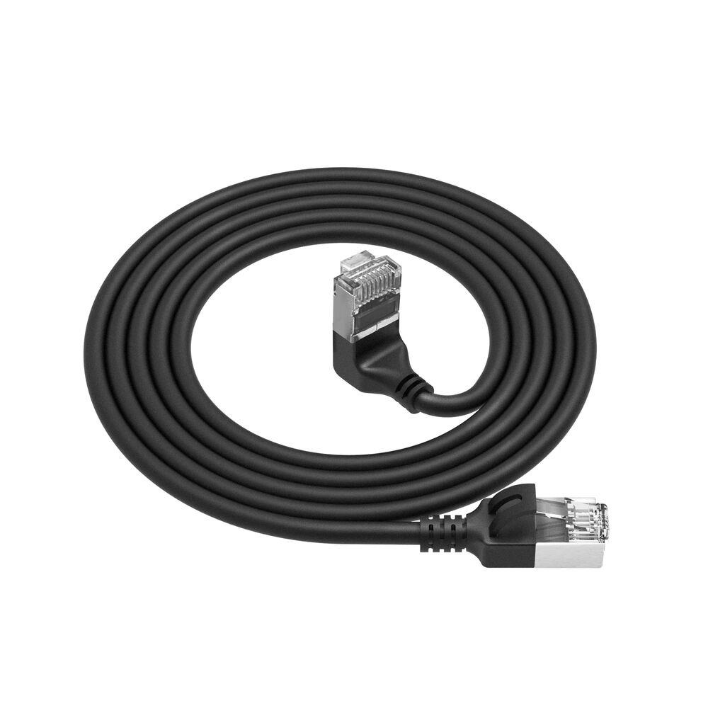 Black 2 meters U/FTP CAT6A LSZH Slimline patch cable with RJ45 connectors 90° angled up to straight