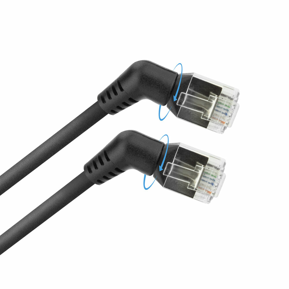 Black 5 meters U/FTP CAT6A Slimline patch cable with angled 360° rotatable RJ45 connectors