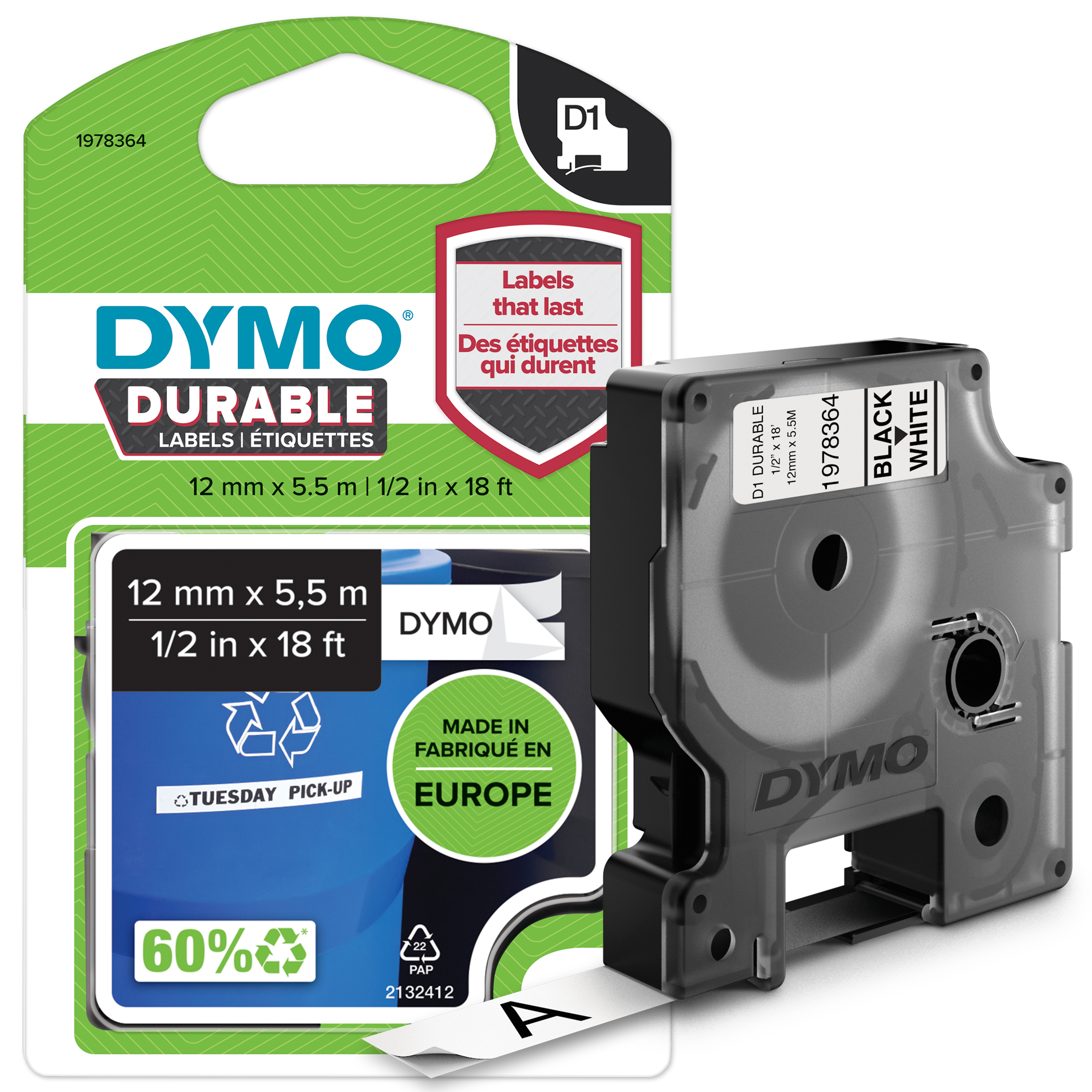 DYMO D1 VINYLBAND PERMANENT D1 Durable Labels, Black on  white, Multicolor, -40 - 80 ?C, DYMO, LabelManager, Box