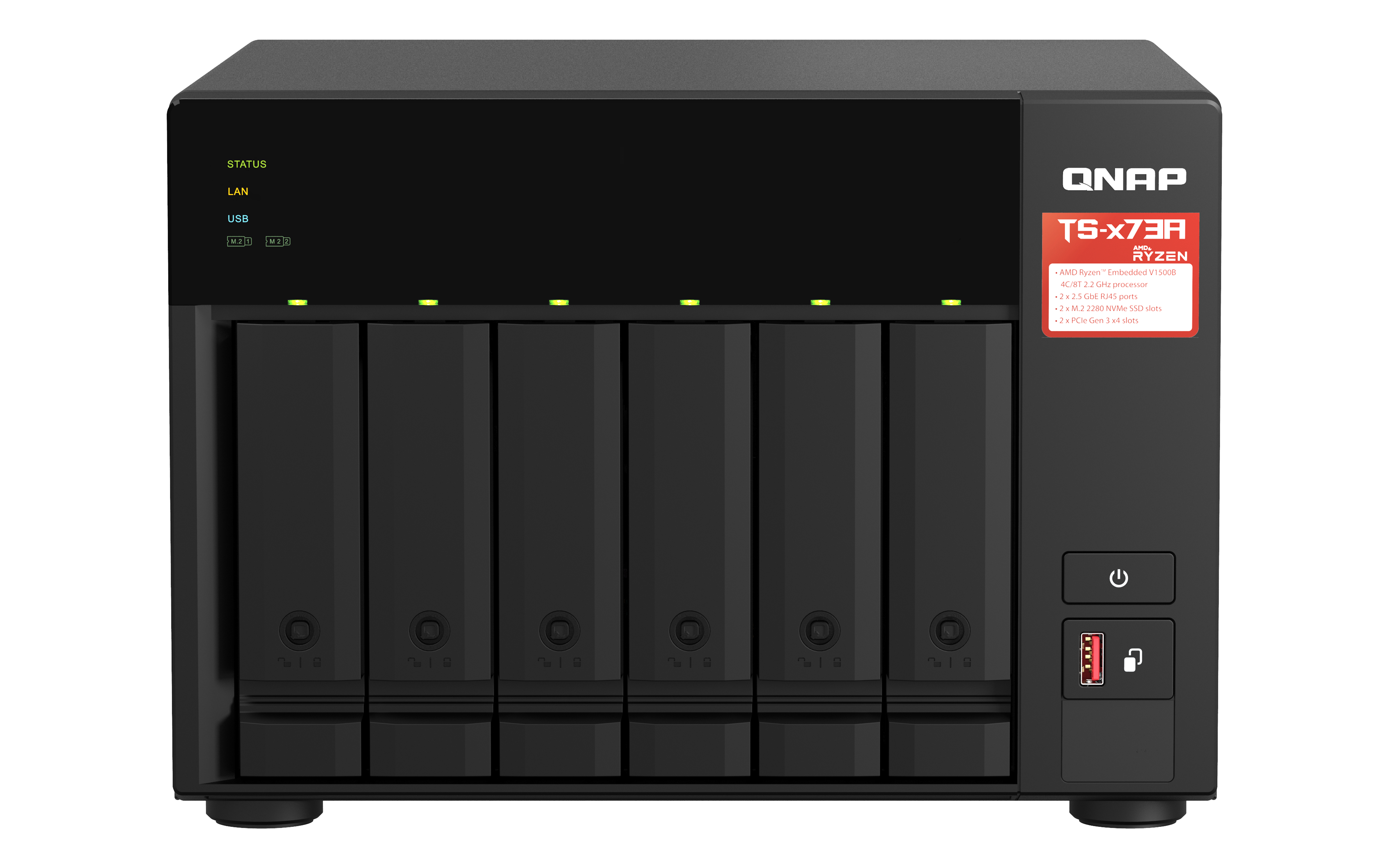 QNAP 6-bay NAS AMD Ryzen Embedded V1500B 2.2GHz 8GB 6xSATA 6Gb/s bays 2xM.2 NVMe PCIe Gen3 SSD slots 2x2.5GbE LAN optional 10GbE